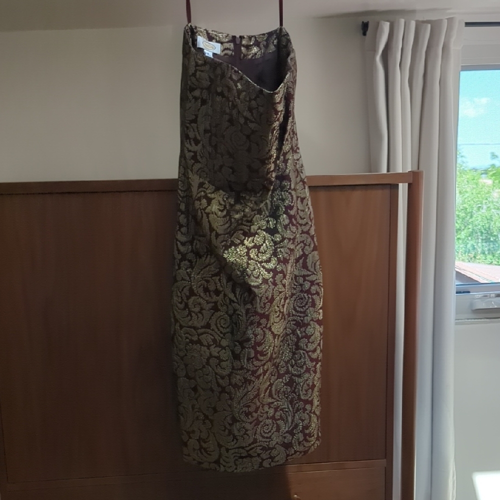 Talbots Brocade Strapless Cocktail Dress Gold Burgundy